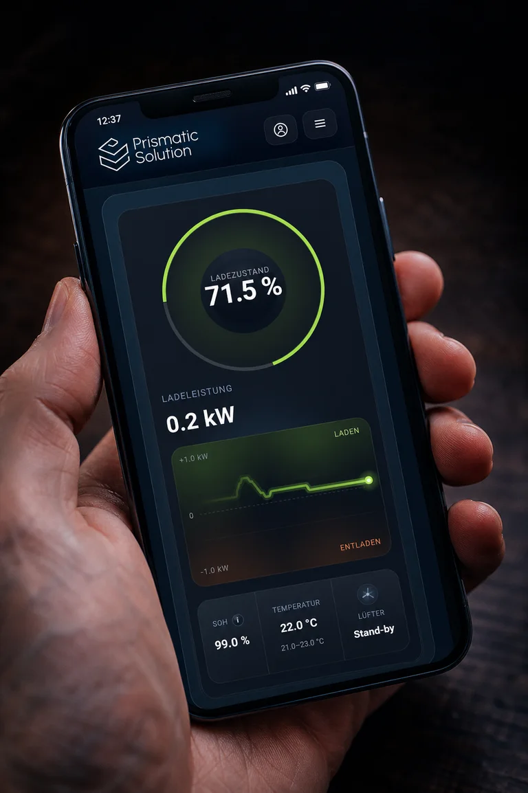 Smartphone mit Prismatic Solution Live-Monitoring, realistischem mobilen Header, Kometenverlauf und Diagnosewerten
